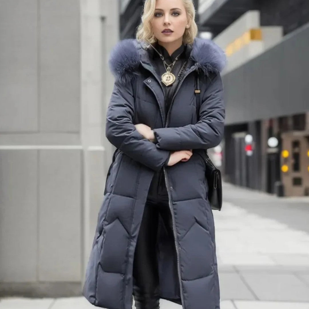 Długi damski płaszcz zimowy z regulowanym kapturem