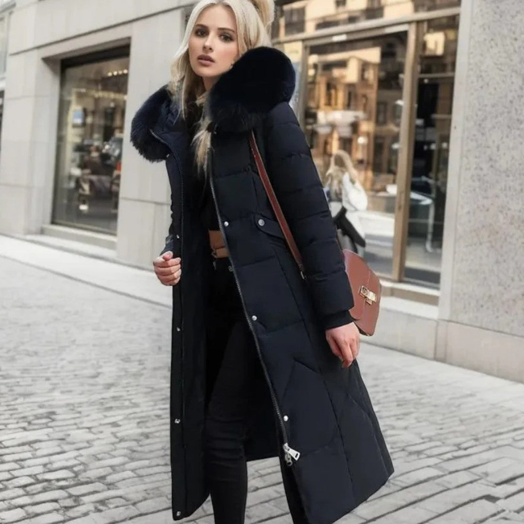 Długi damski płaszcz zimowy z regulowanym kapturem