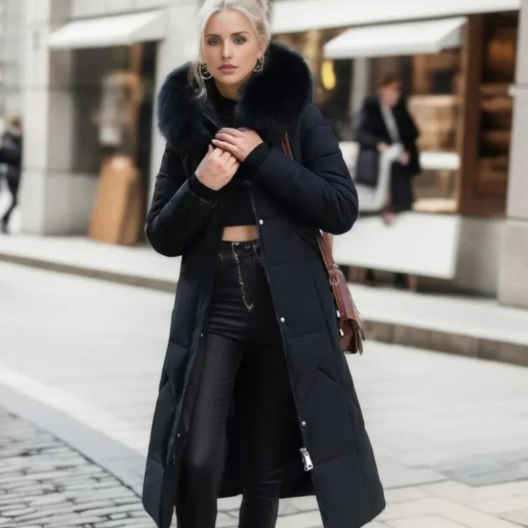 Długi damski płaszcz zimowy z regulowanym kapturem