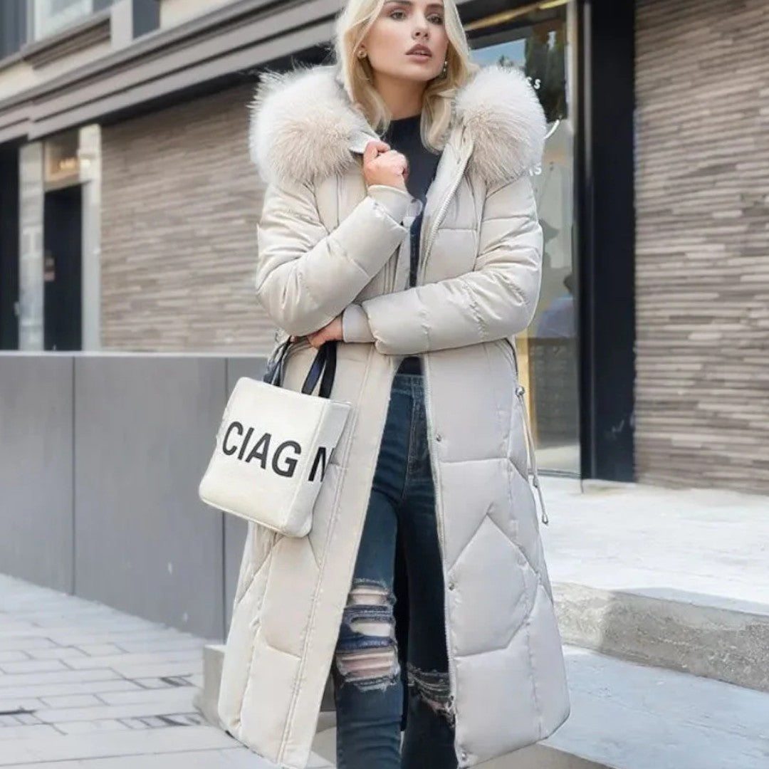 Długi damski płaszcz zimowy z regulowanym kapturem