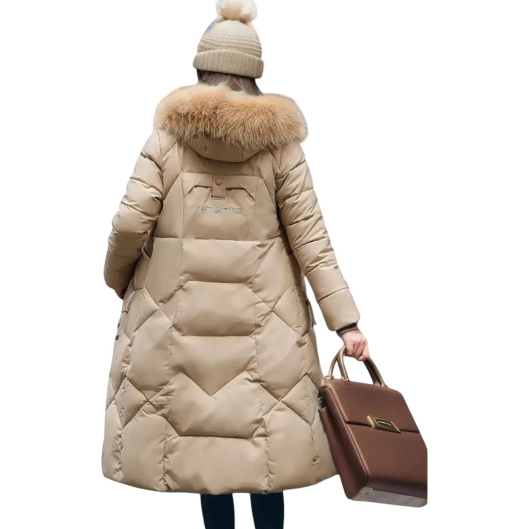 Długi damski płaszcz zimowy z regulowanym kapturem