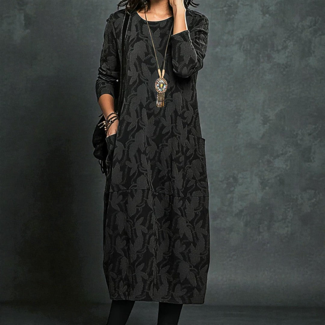 Damska zimowa sukienka midi z długim rękawem i kieszeniami