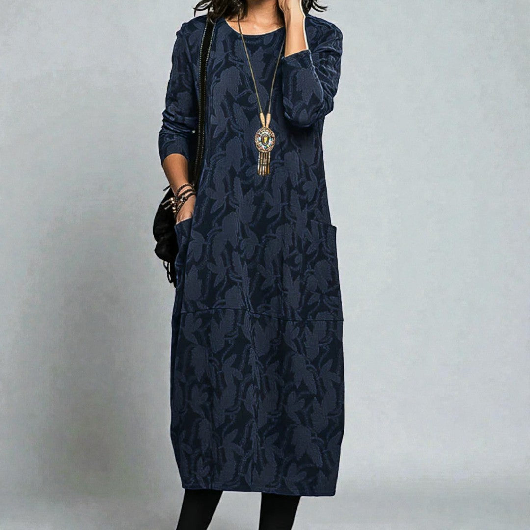 Damska zimowa sukienka midi z długim rękawem i kieszeniami