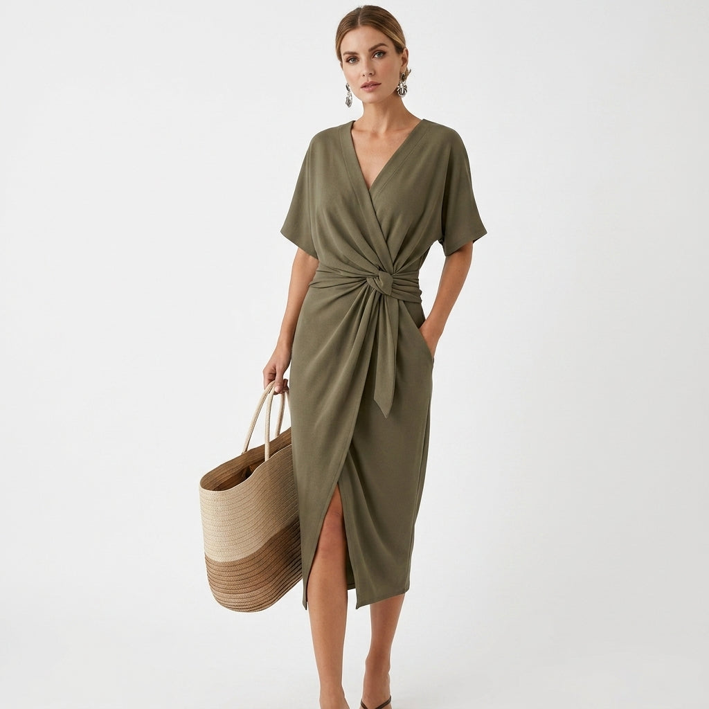 Damska Elegancka Kopertowa Sukienka | Midi