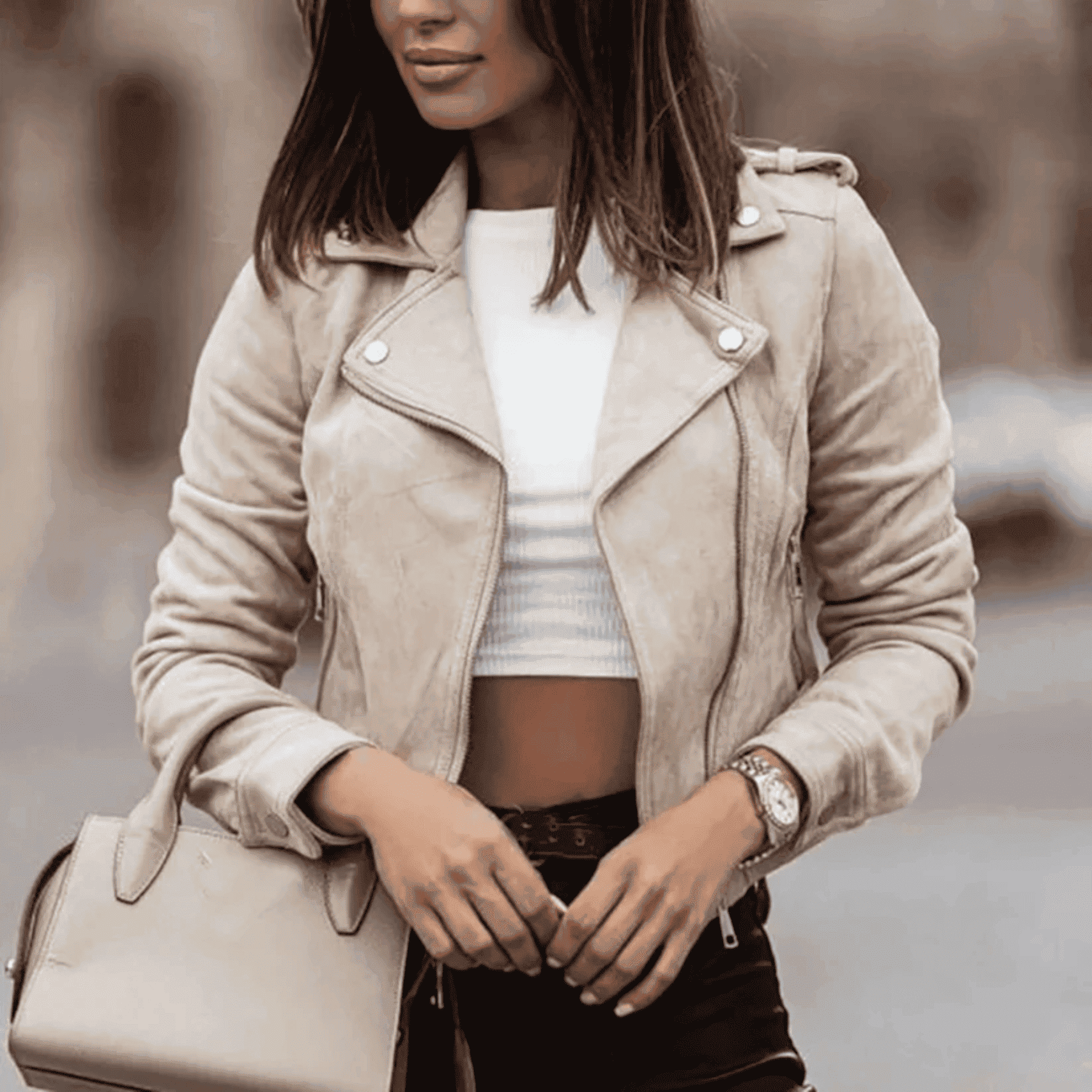 Kurtka Damska - Krótki Fason Motocyklowy z Asymetrycznym Zamkiem