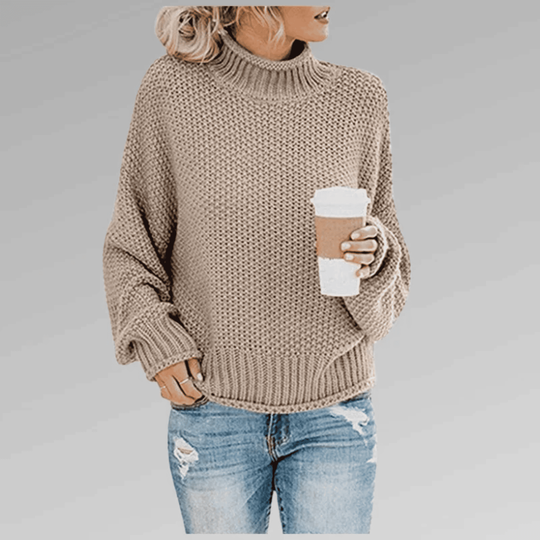 Sweter Damski o Luźnym Kroju - Półgolf i Szerokie Rękawy