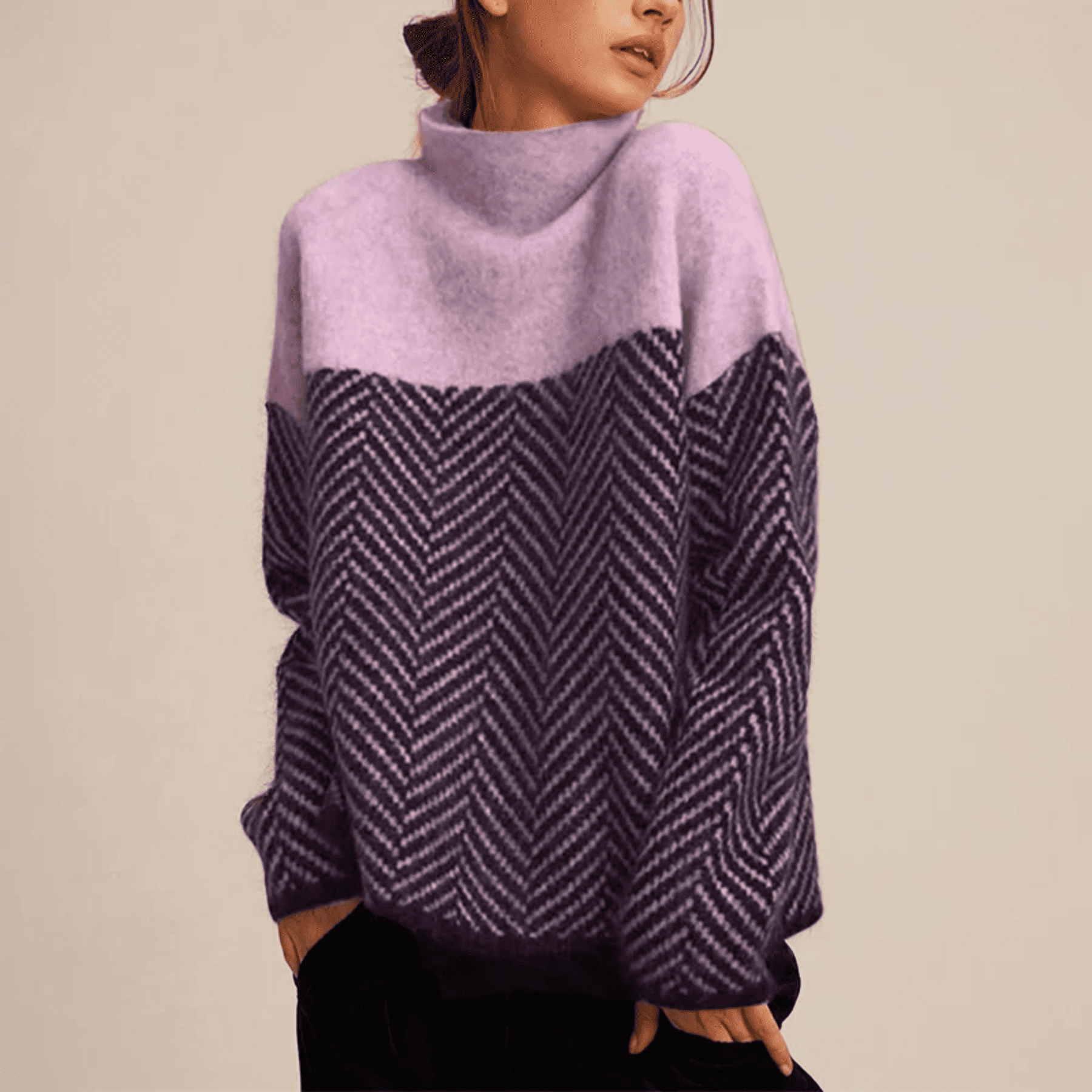 Sweter Damski w Jodełkę - Półgolf i Luźny Krój