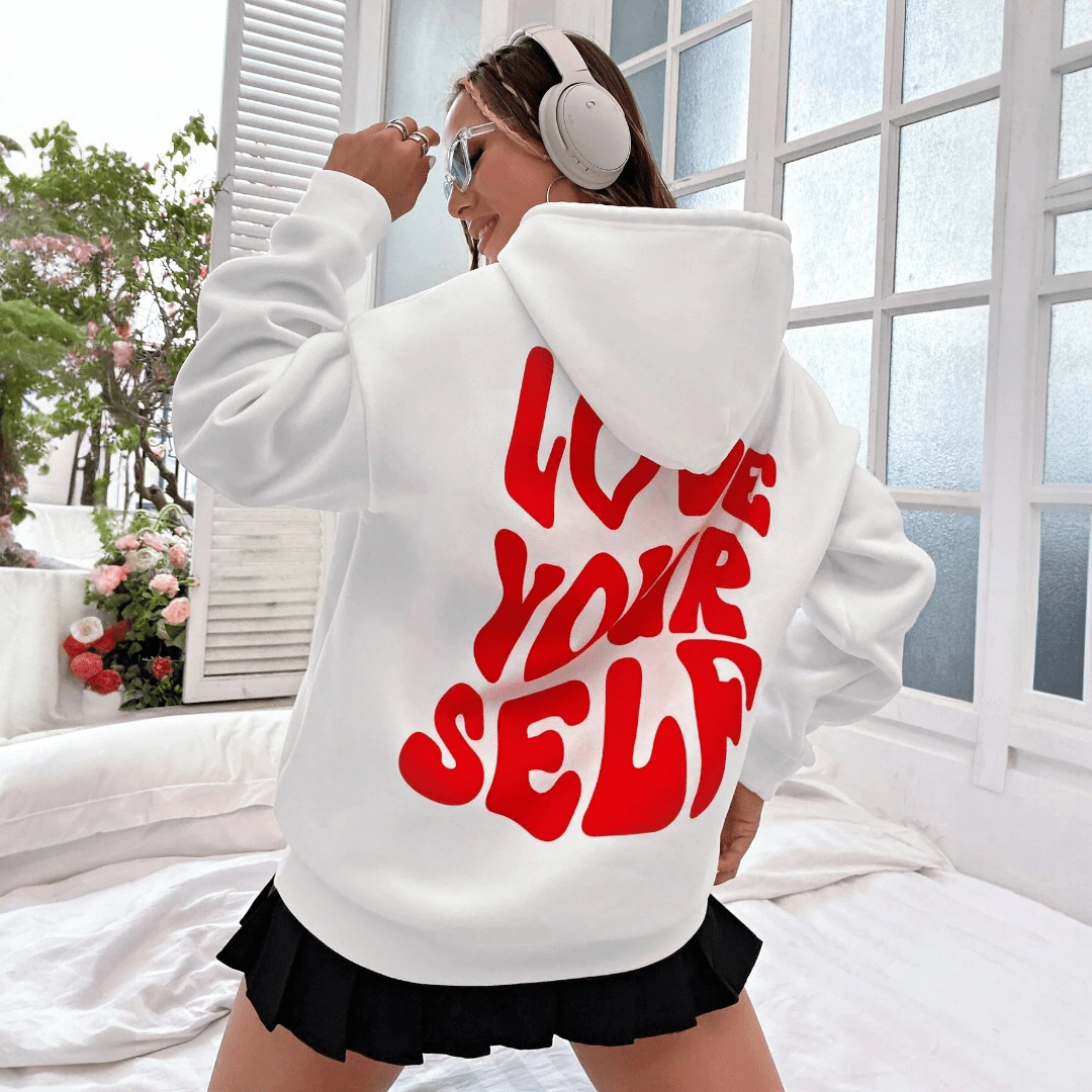 Bluza damska z kapturem i nadrukiem tekstowym - Biały