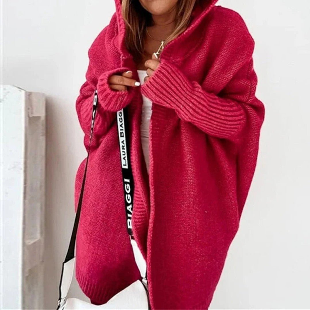 Damski długi kardigan z kapturem i otwartą formą - Czerwony