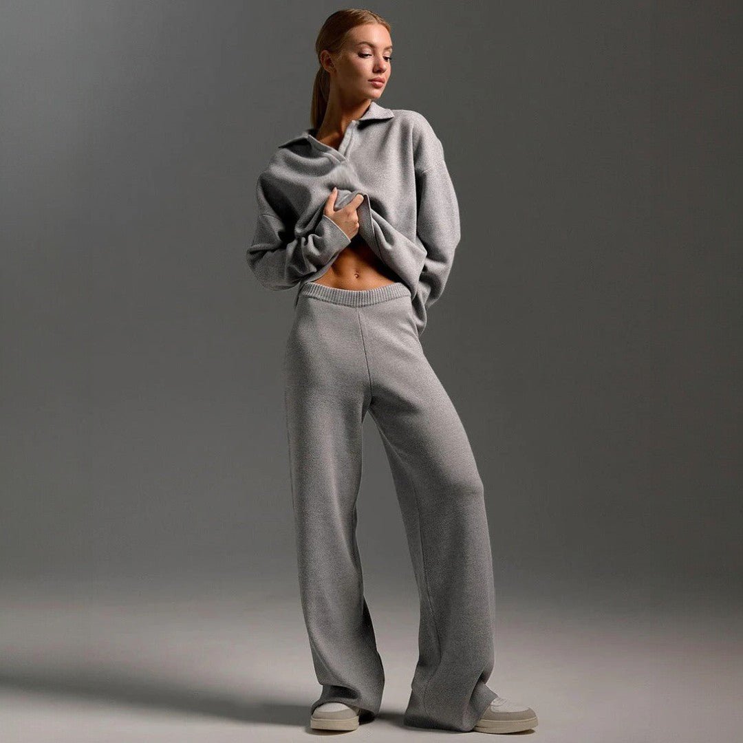 Damski dwuczęściowy komplet z kołnierzem i szerokimi spodniami - Szary