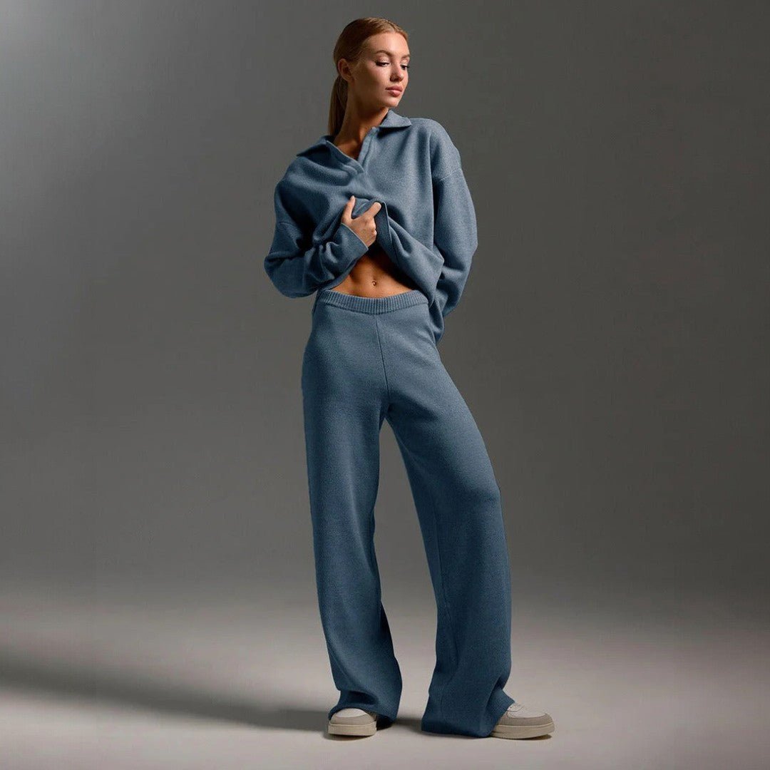 Damski dwuczęściowy komplet z kołnierzem i szerokimi spodniami - Niebieski