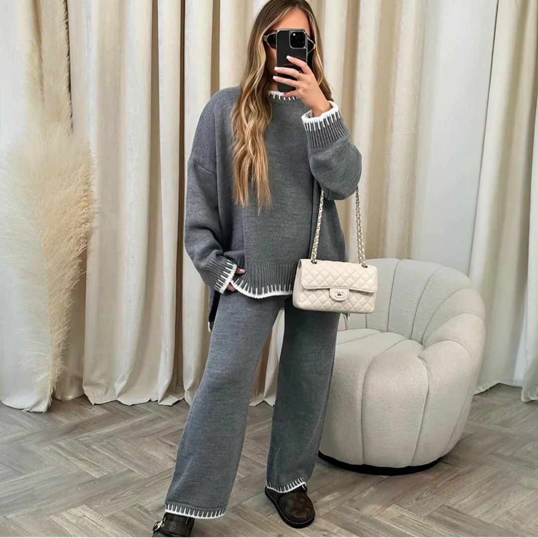 Damski dwuczęściowy komplet z kontrastowymi wykończeniami - Szary