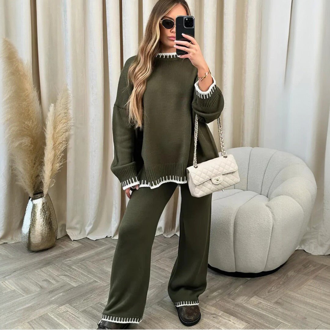 Damski dwuczęściowy komplet z kontrastowymi wykończeniami - Zielony