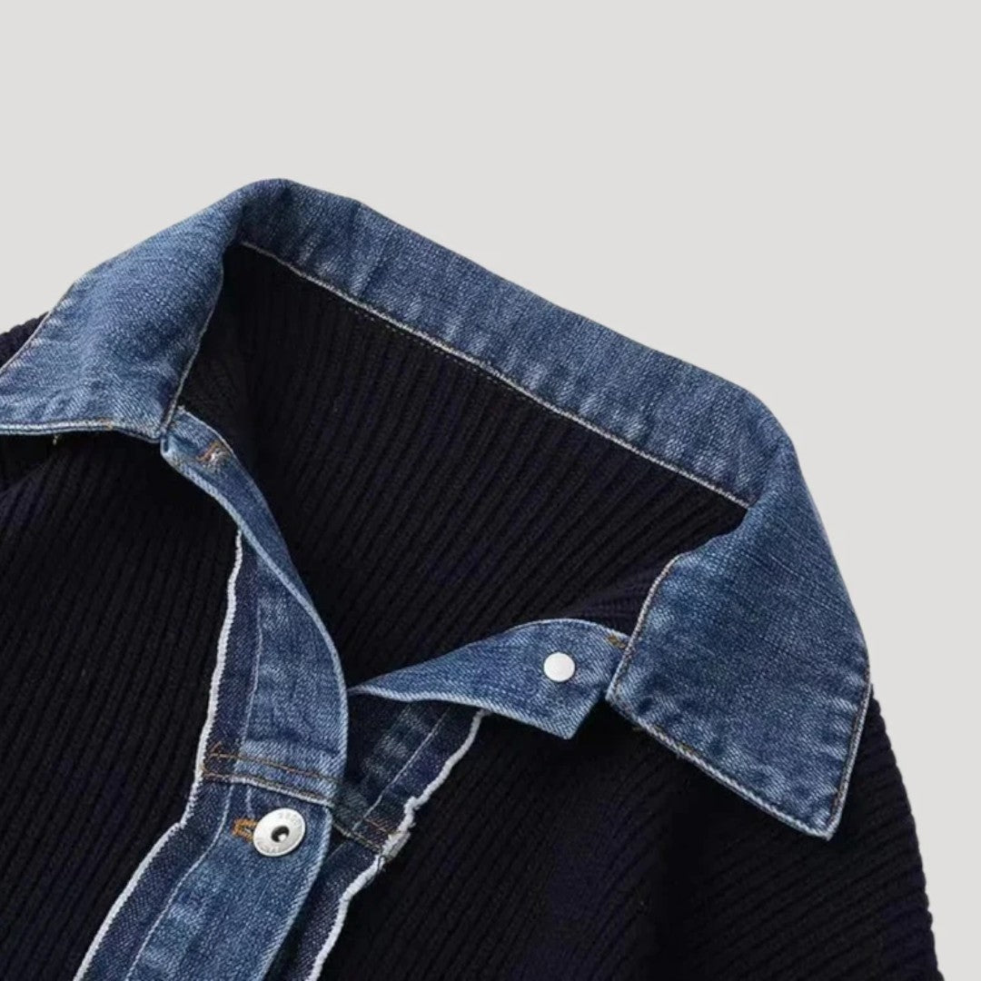 Damski kardigan dzianinowy z detalami z denimu - Granatowy