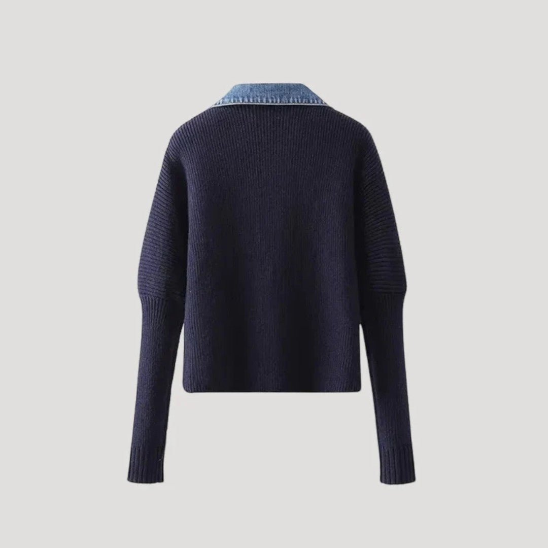 Damski kardigan dzianinowy z detalami z denimu - Granatowy