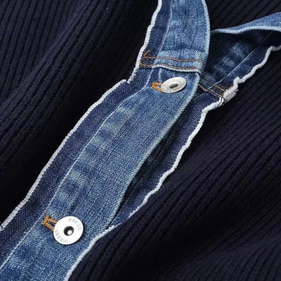 Damski kardigan dzianinowy z detalami z denimu - Granatowy
