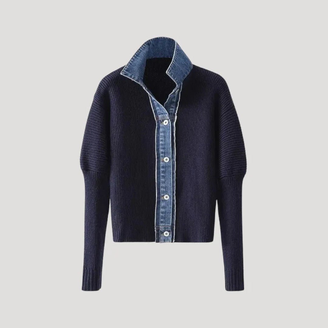 Damski kardigan dzianinowy z detalami z denimu - Granatowy