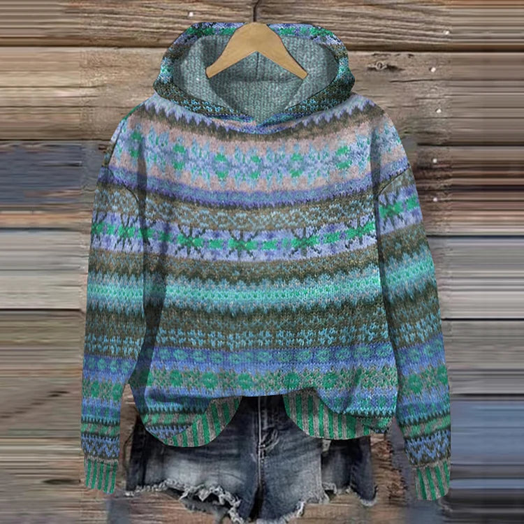 Damski Sweter z Kapturem - Wzorzysty