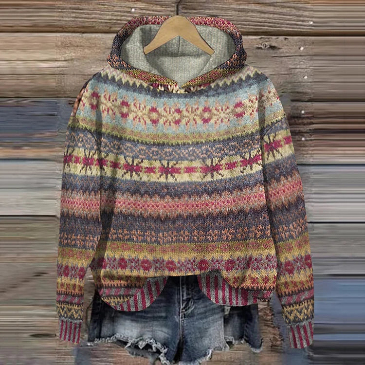 Damski Sweter z Kapturem - Wzorzysty