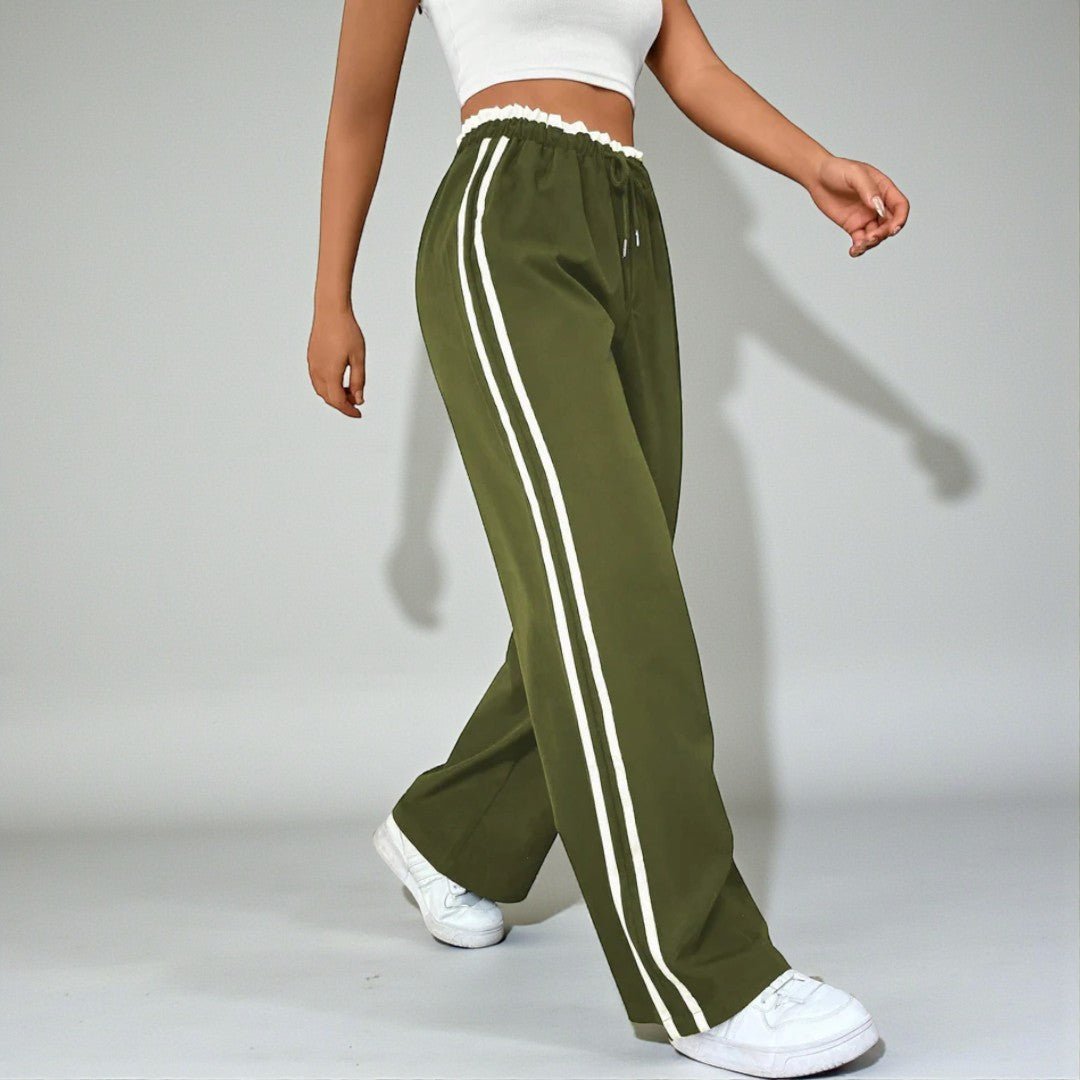 Damskie spodnie dresowe z prostą nogawką i podwójnymi lampasami - Oliwkowy