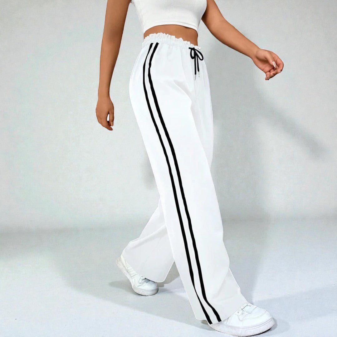 Damskie spodnie dresowe z prostą nogawką i podwójnymi lampasami - Biały