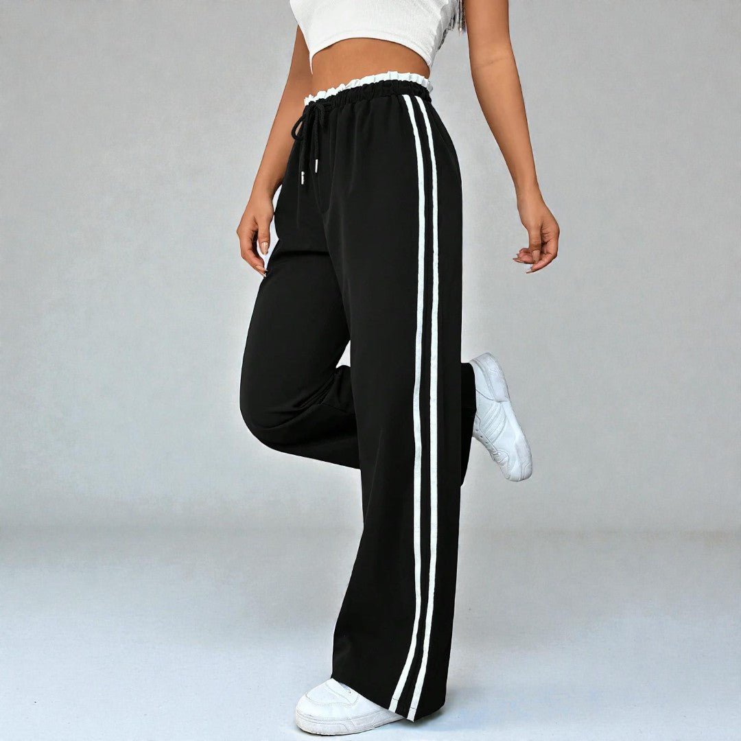 Damskie spodnie dresowe z prostą nogawką i podwójnymi lampasami - Czarny