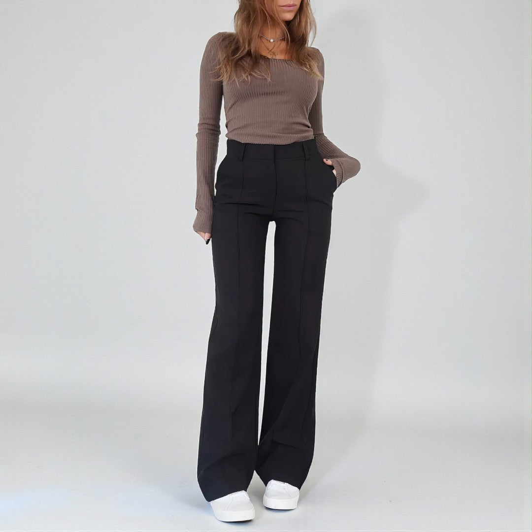 Damskie spodnie z wysokim stanem i prostą linią nogawek - Czarny