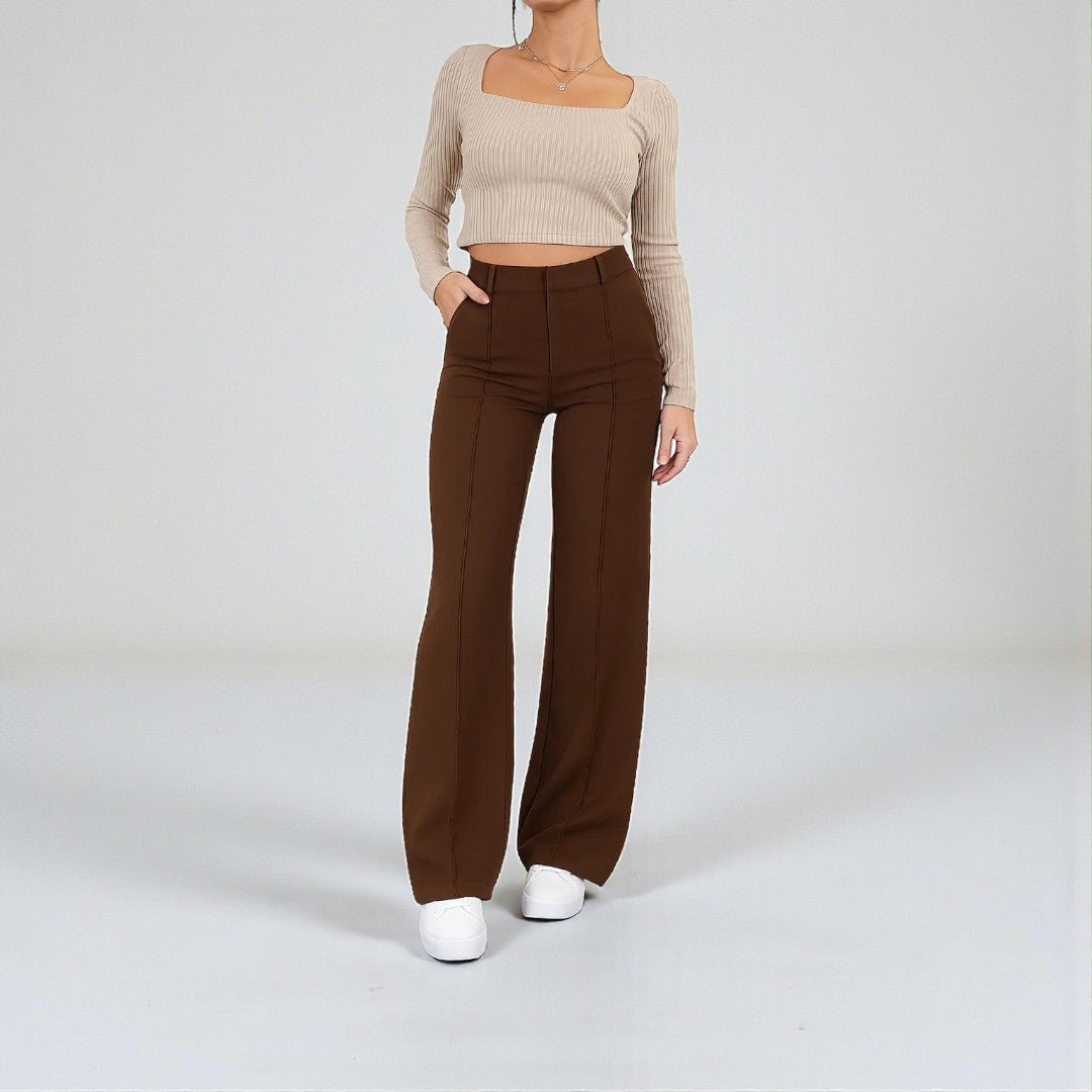 Damskie spodnie z wysokim stanem i prostą linią nogawek - Brązowy