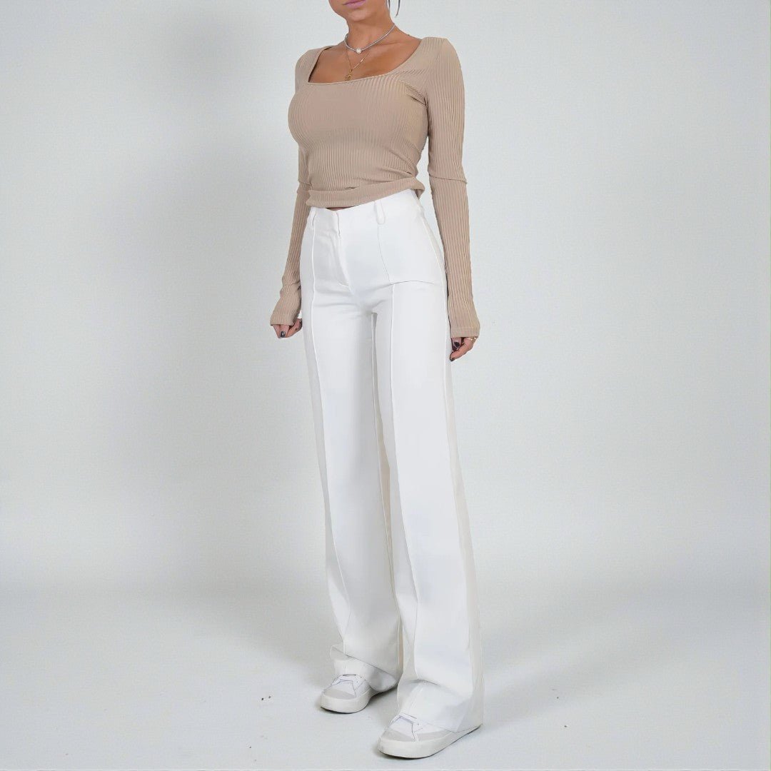 Damskie spodnie z wysokim stanem i prostą linią nogawek - Biały
