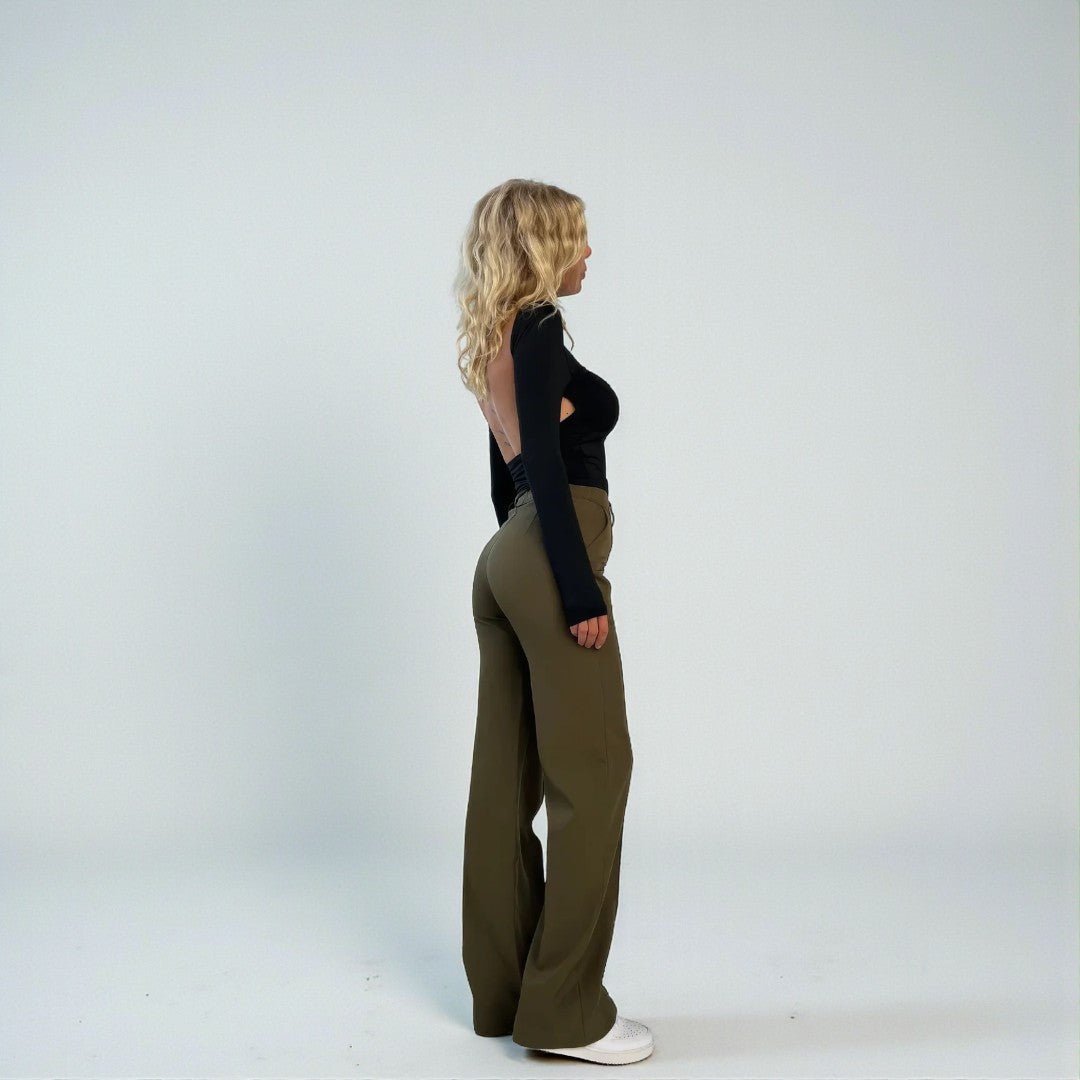 Damskie spodnie z wysokim stanem i prostą linią nogawek - Zielony