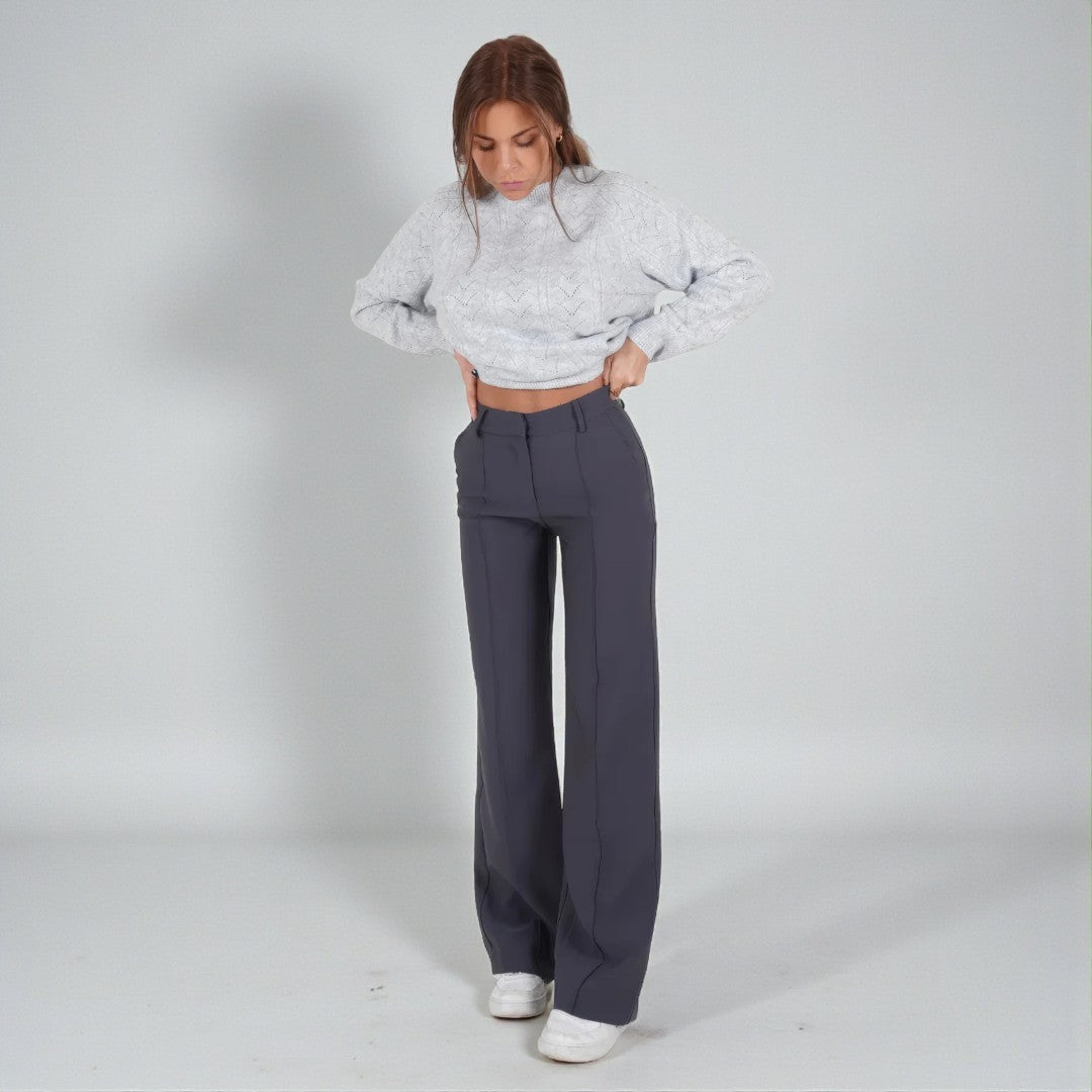 Damskie spodnie z wysokim stanem i prostą linią nogawek - Szary
