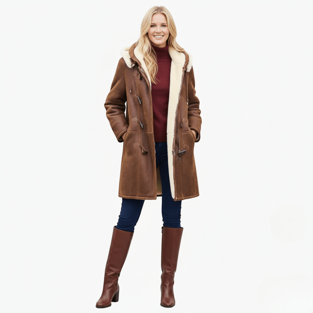 Długi płaszcz zimowy damski z kapturem - Brązowy