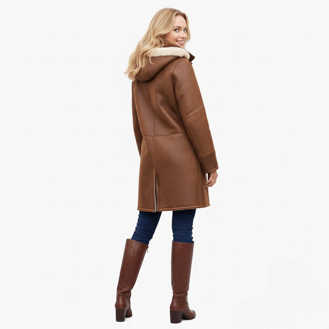 Długi płaszcz zimowy damski z kapturem - Brązowy
