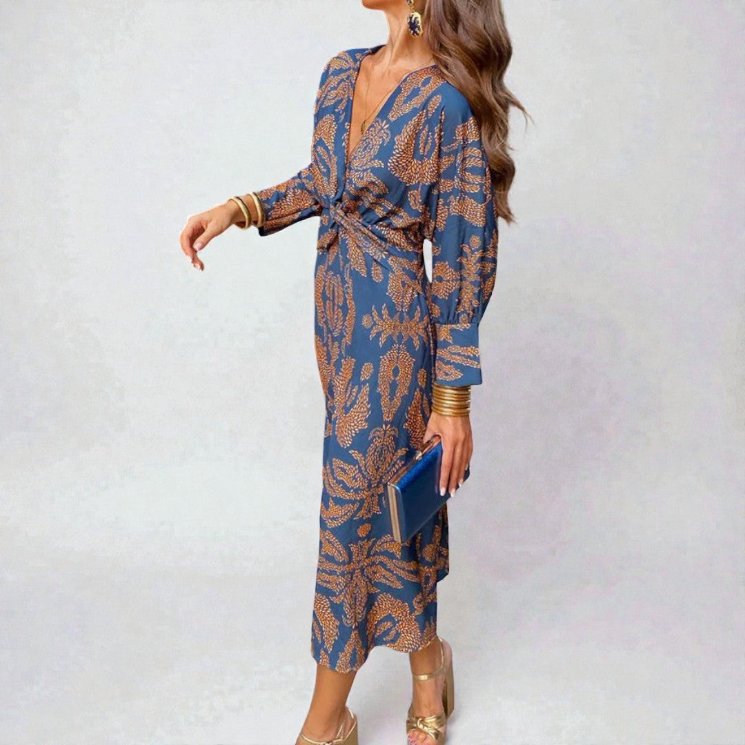 Damska wieczorowa sukienka midi z kopertową linią