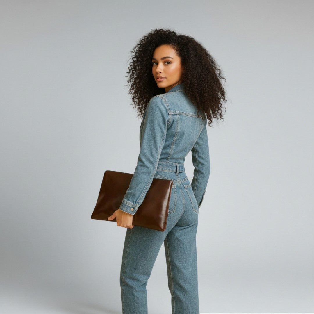 Damski kombinezon denim z prostą nogawką i długim rękawem