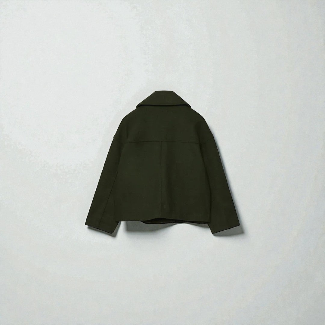 Krótki damski zimowy płaszcz typu double - breasted - Granatowy