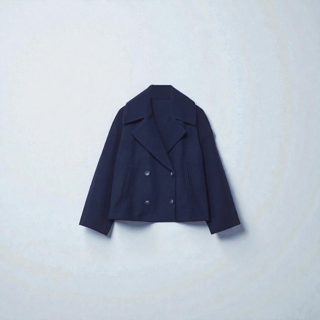 Krótki damski zimowy płaszcz typu double - breasted - Granatowy