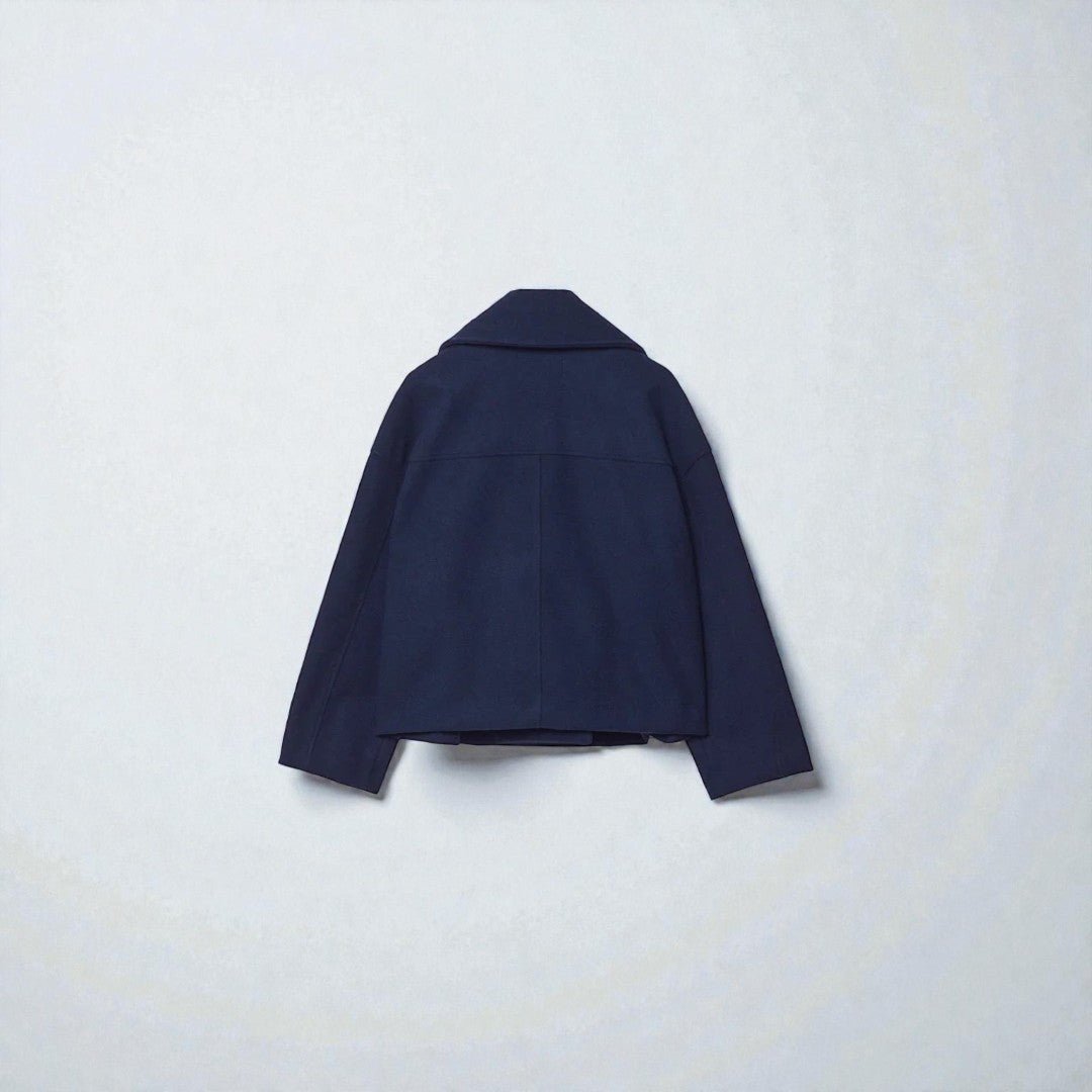 Krótki damski zimowy płaszcz typu double - breasted - Granatowy