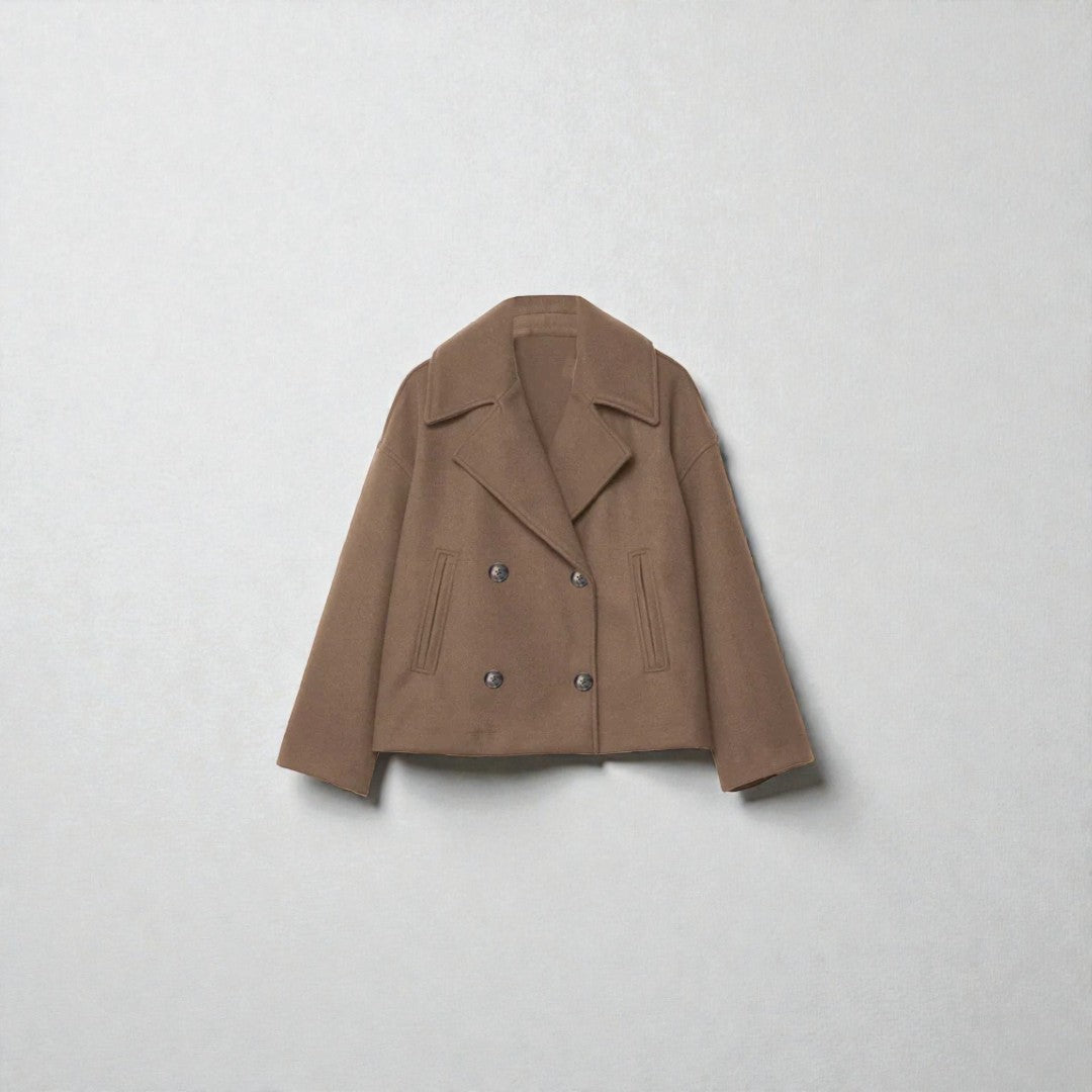 Krótki damski zimowy płaszcz typu double - breasted - Granatowy