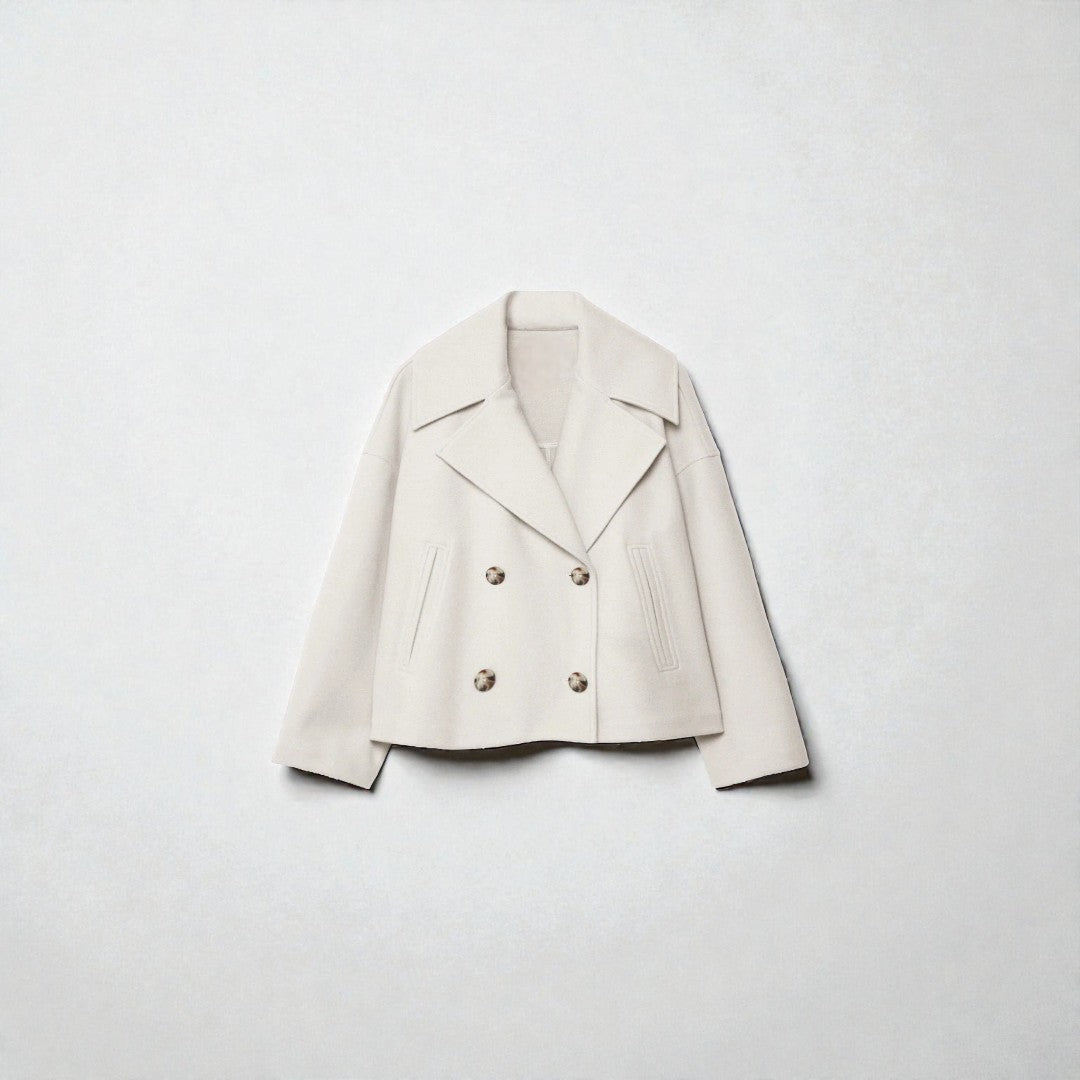 Krótki damski zimowy płaszcz typu double - breasted - Granatowy