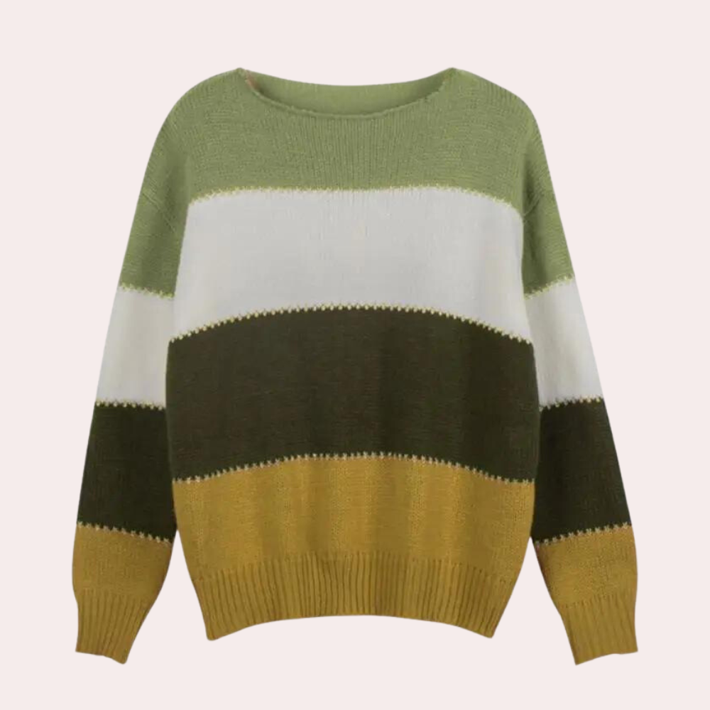 Sweter Damski - Okrągły Dekolt i Kolorowe Pasy