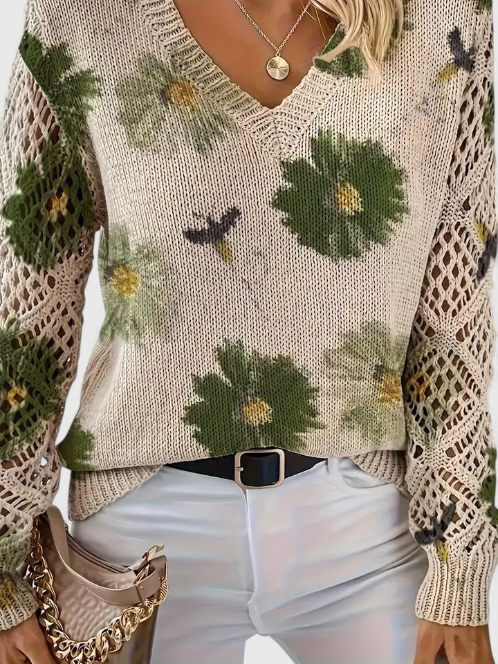Sweter Damski w Kwiaty - Dekolt V