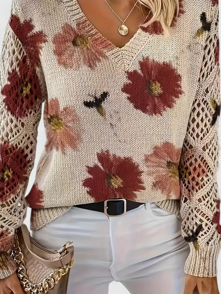Sweter Damski w Kwiaty - Dekolt V