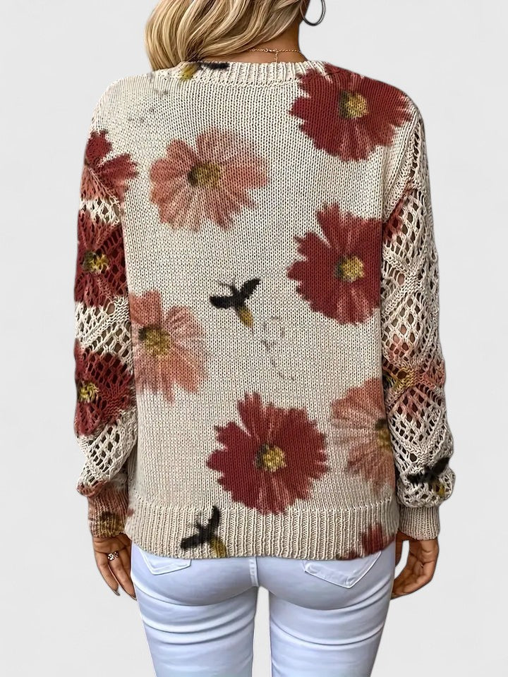 Sweter Damski w Kwiaty - Dekolt V