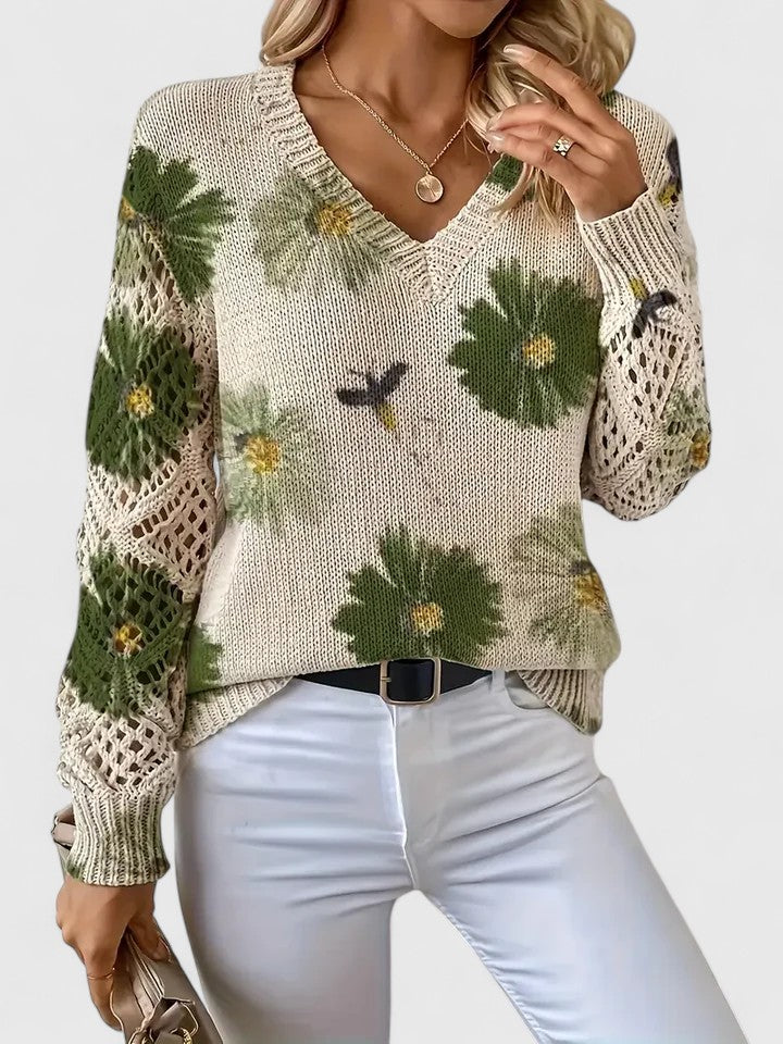 Sweter Damski w Kwiaty - Dekolt V