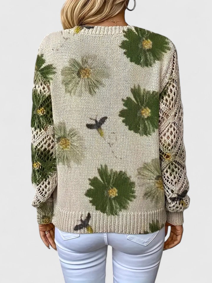 Sweter Damski w Kwiaty - Dekolt V