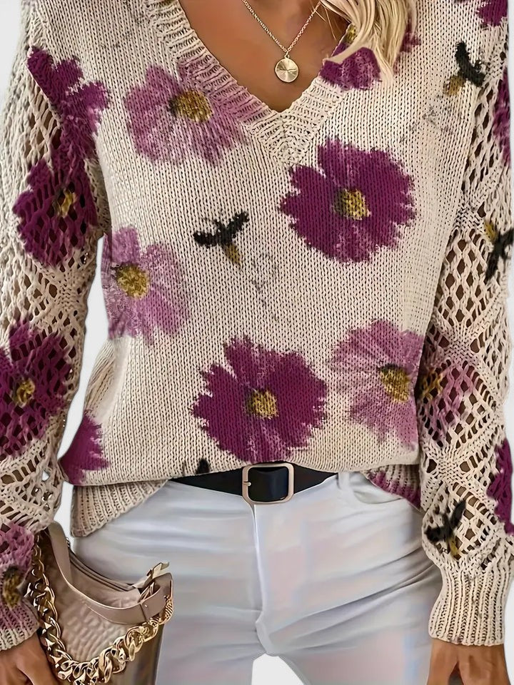 Sweter Damski w Kwiaty - Dekolt V