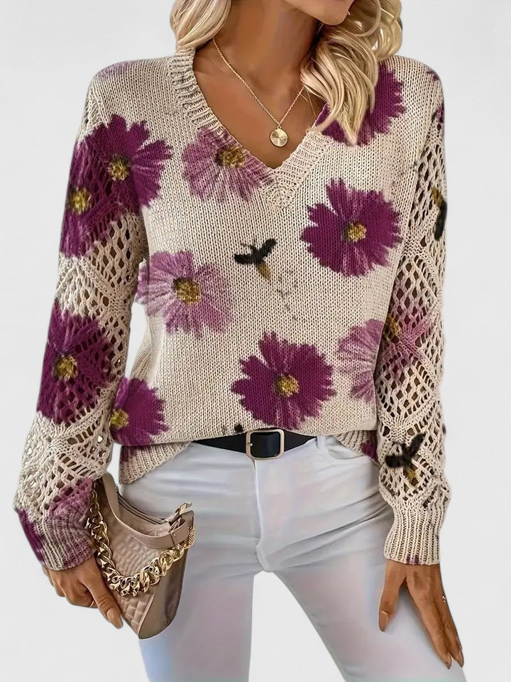 Sweter Damski w Kwiaty - Dekolt V