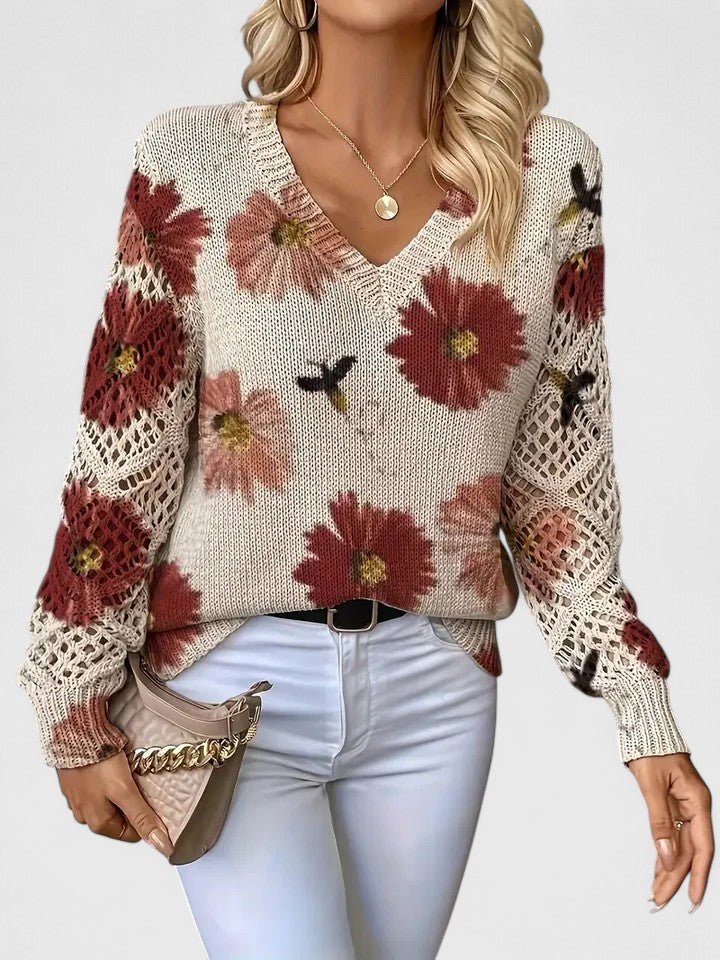 Sweter Damski w Kwiaty - Dekolt V