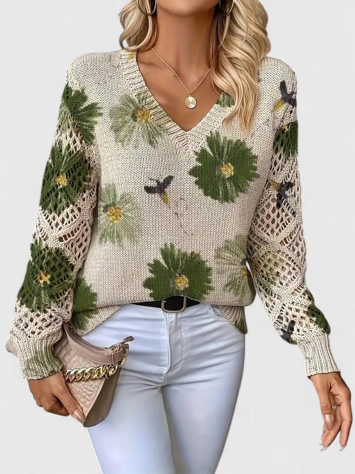 Sweter Damski w Kwiaty - Dekolt V